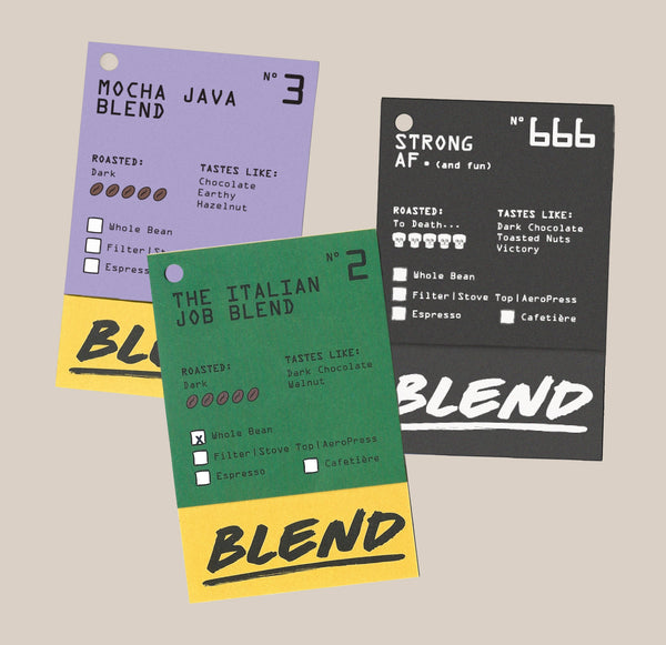 The Ravecoffee Dark Roast Bundle includes three colorful cards—Mocha Java Blend, The Italian Job, and Strong AF—with tasting notes, roast info, checkboxes, and bold BLEND text; perfect for dark roast coffee fans.