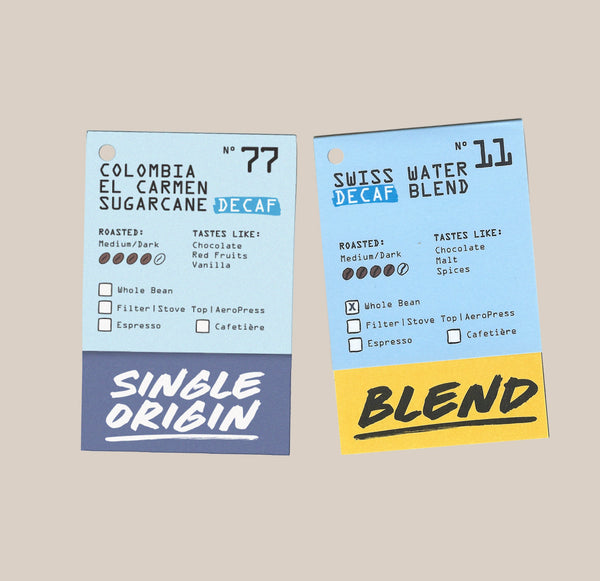 Two Ravecoffee Decaf Lover Coffee Bundle bags on beige, featuring roast profiles, tasting notes, brewing tips, and mycotoxin-tested assurance—Colombia El Carmen Sugarcane Decaf and a Swiss Water Decaf blend.