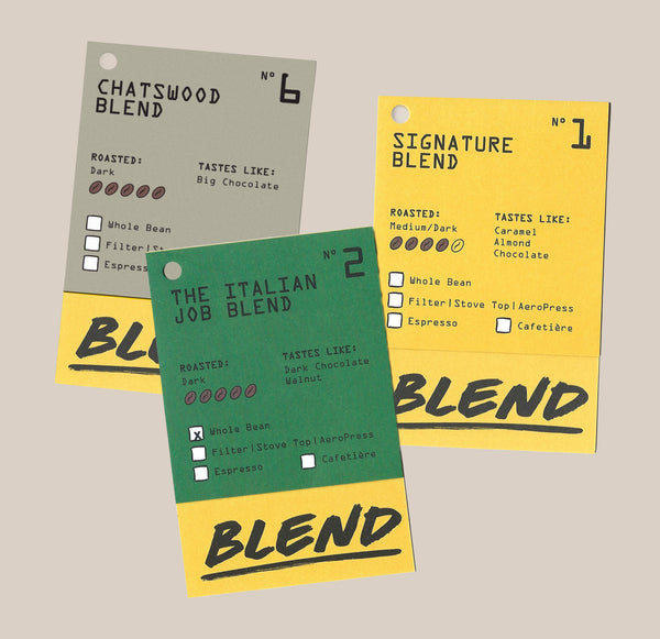 Ravecoffee’s Espresso Lover Coffee Bundle features three vibrant cards—Chatswood Blend, The Italian Job Blend, and Signature Blend—each showcasing detailed roast level, tasting notes, milk espresso methods, and checkboxes on a beige background.