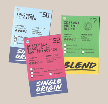 The Ravecoffee Filter Lover Coffee Bundle displays three colorful cards on beige, featuring medium roast details, tasting notes, and brew tips for Colombia El Carmen, Guatemala Bosques de San Francisco, and an organic blend.