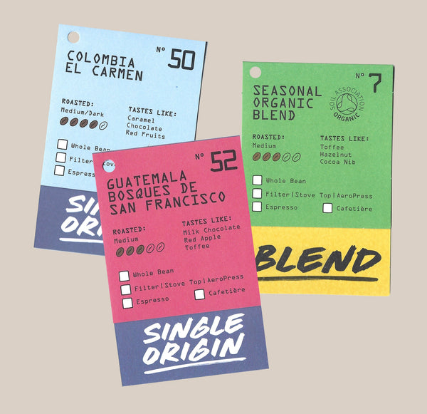 The Ravecoffee Filter Lover Coffee Bundle displays three colorful cards on beige, featuring medium roast details, tasting notes, and brew tips for Colombia El Carmen, Guatemala Bosques de San Francisco, and an organic blend.