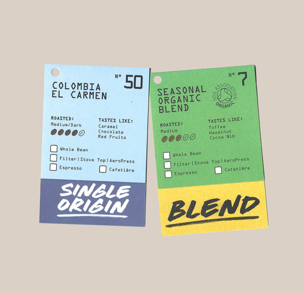 Two tasting cards from Ravecoffee’s Fruit Lover Coffee Bundle: one blue, labeled Colombia El Carmen Single Origin with roast and flavor notes; and one yellow-green, labeled Seasonal Organic Coffee Blend with medium roast info, tasting notes, and brew methods.