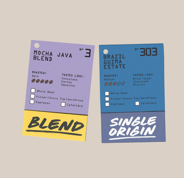 Two coffee label cards for 'Mocha Java Blend' and 'Brazil Guima Estate' on a beige background.