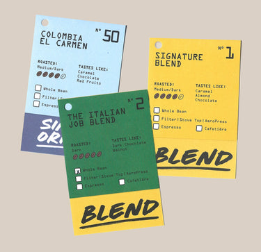 Ravecoffee's Best Selling Coffee Bundle Gift Pack features three vibrant labels with blend names, roast levels, tasting notes, and brew methods—ideal for gifting or displaying.